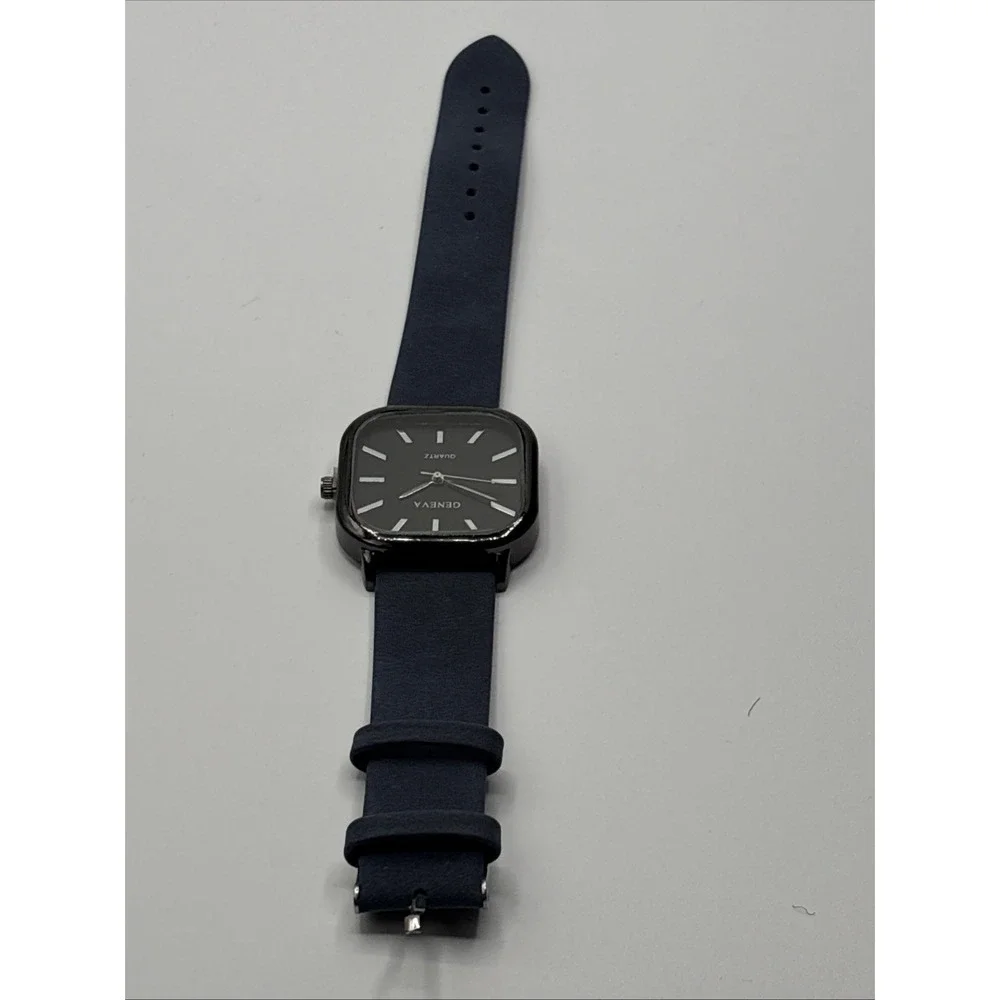 Geneva Quartz Men's Watch Square‎ With Navy Blue Band New Outside Box